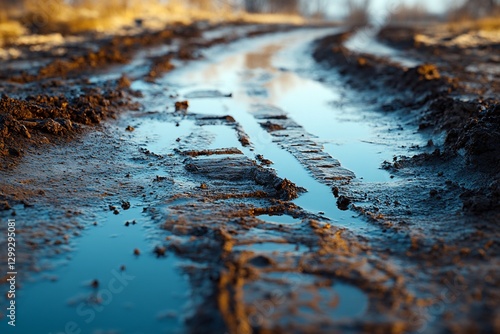 Muddy road track, puddles, rural scene, sunrise photo