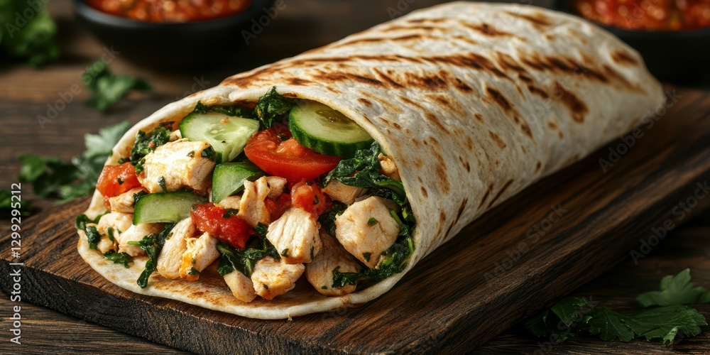 Delicious chicken wrap with fresh vegetables served on a wooden platter Delicious chicken wrap with fresh vegetables served on a wooden platter