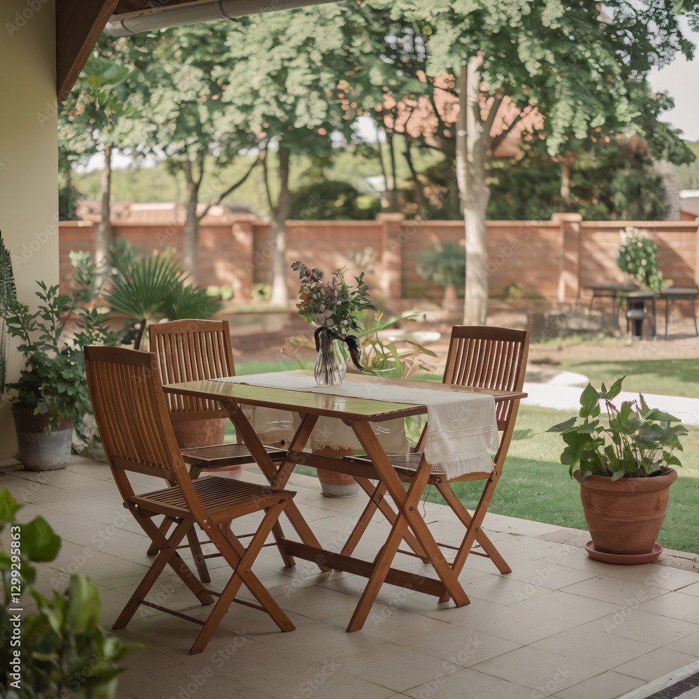 Fototapeta premium Cozy outdoor terrace with wooden furniture, green plants, and a table, perfect for relaxation and peaceful moments