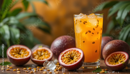 passionfruit juice with a golden-orange hue, filled with ice and passionfruit seeds. Whole and halved passionfruits surround the glass, highlighting its exotic appeal.