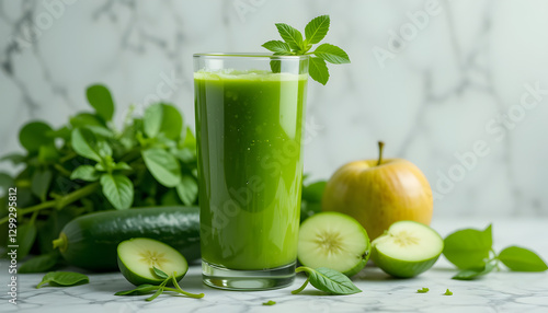healthy green juice made from apples, cucumbers, and spinach, in a modern glass. Green ingredients surround the glass, emphasizing freshness.