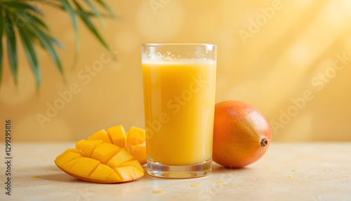 creamy, golden mango juice in a frosted glass, with a ripe mango and mango slices beside it. The background is a warm, golden hue, enhancing the tropical feel.