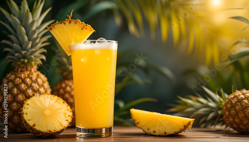 tall glass of golden pineapple juice with a tropical setting, surrounded by fresh pineapples and palm leaves. The juice has frothy bubbles on top, and a pineapple slice on the rim.