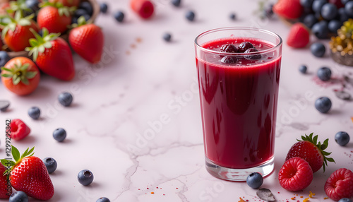 deep red berry juice in a sleek glass, surrounded by fresh strawberries, blueberries, and raspberries. The juice appears thick and rich, with a few berries floating on top. The background is clean and