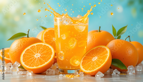 vibrant, high-resolution image of a fresh orange juice splash with ice cubes, set against a bright, summery background.
