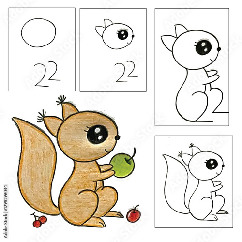 Coloring book for kids,Step by step repeats the picture. Drawing lesson for children. How to draw .Animal Coloring page.