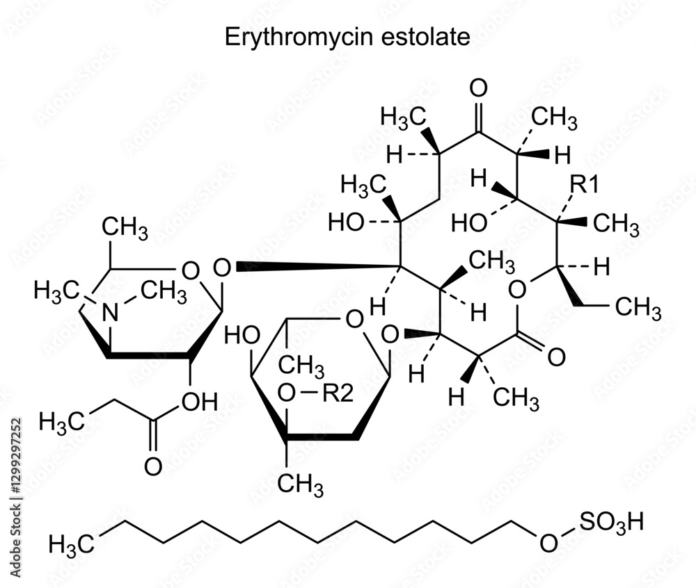 Obraz premium Chemical structure of erythromycin estolate, drug substance