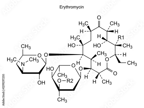 Chemical structure of erythromycin, drug substance