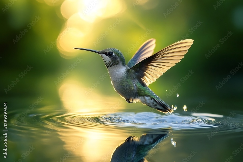 Fototapeta premium Hummingbird flying over water at sunset with reflection