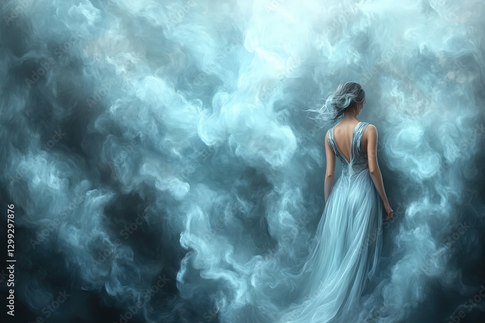 Naklejka premium Fantasy woman in blue gown walking through swirling clouds