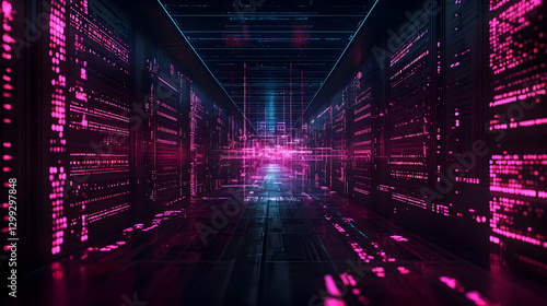 Wallpaper Mural Digital Server Room Interior with Pink and Blue Lights and Grid Pattern Torontodigital.ca