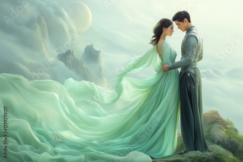 Romantic couple in green fantasy landscape under dreamy sky