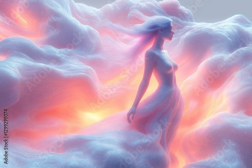 Fantasy woman in fiery glowing clouds with hair blowing in wind