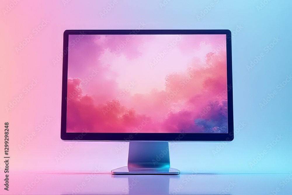 Fototapeta premium Modern Computer Monitor with Vibrant Pink and Purple Clouds Display