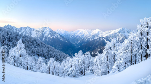 Wallpaper Mural Panoramic Winter Landscape of Snow Covered Mountains and Forest Under a Blue Sky with Cold Lighting Torontodigital.ca