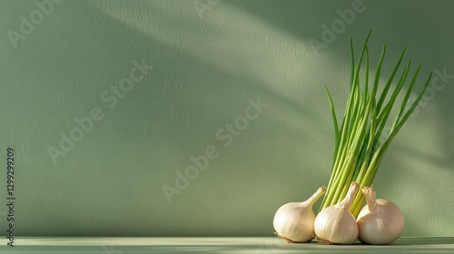 Fresh spring onions and garlic on a textured green background highlighting natural light at midday photo