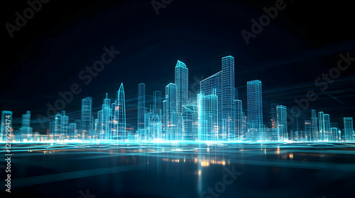 Abstract Illuminated Cityscape In Blue And White Showing Technological Advancements Against A Dark Background