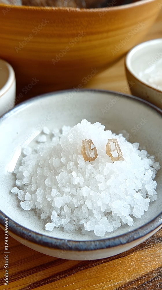 Salt Crystals: A close-up showcases pristine salt crystals, meticulously arranged in a small, elegant bowl, highlighting their delicate texture and potential use.
