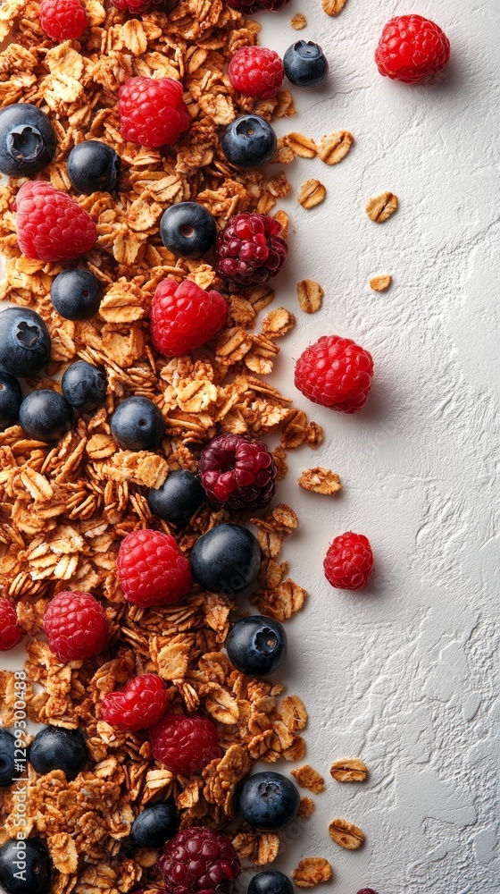 Granola With Fresh Raspberries And Blueberries On Grey Background, Healthy Breakfast. Top View. Granola With Fresh Raspberries And Blueberries On Grey Background, Healthy Breakfast. Top View.
