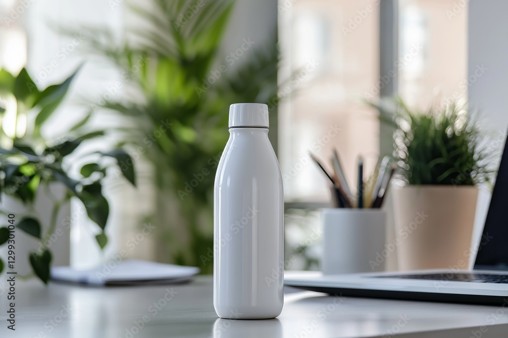 Minimalist white reusable water bottle stands on a sleek modern desk amidst greenery in a blurred workspace, creating a tranquil and inspiring atmosphere for productivity Minimalist white reusable water bottle stands on a sleek modern desk amidst greenery in a blurred workspace, creating a tranquil and inspiring atmosphere for productivity