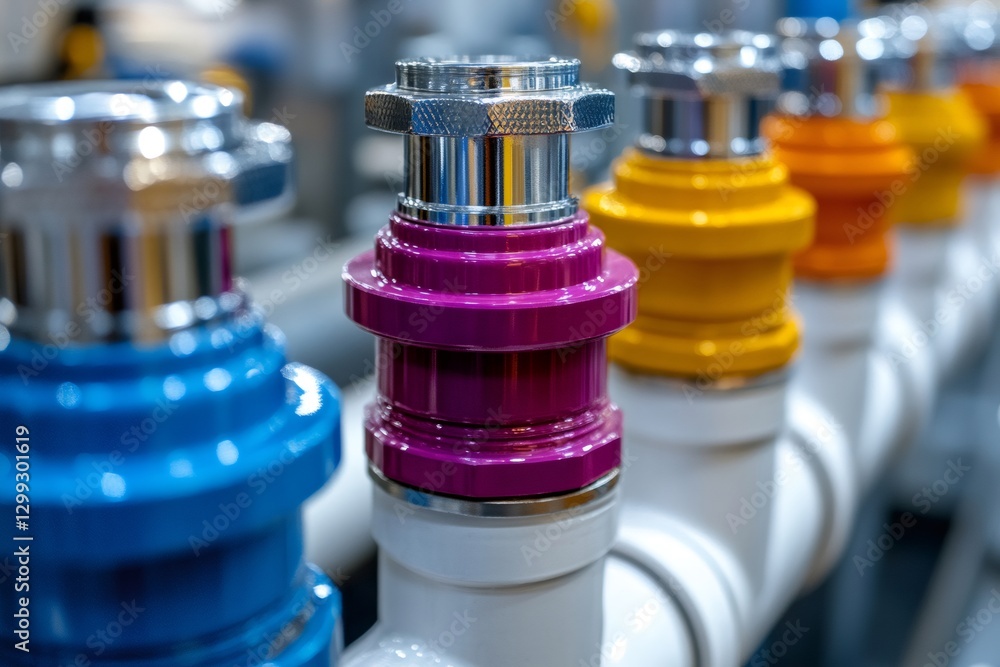 Colorful industrial valves connecting white pipes in modern factory setting Colorful industrial valves connecting white pipes in modern factory setting