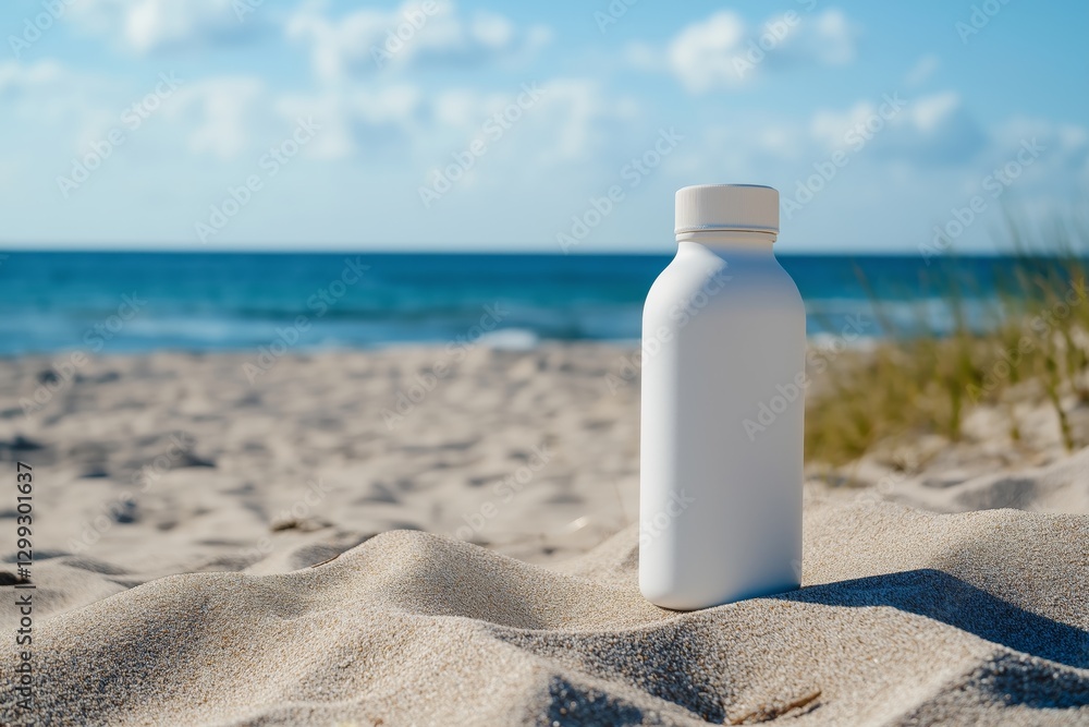 Minimalist white reusable water bottle resting on sandy beach under natural sunlight with a blurred blue ocean background and ample empty space for design mockup Minimalist white reusable water bottle resting on sandy beach under natural sunlight with a blurred blue ocean background and ample empty space for design mockup