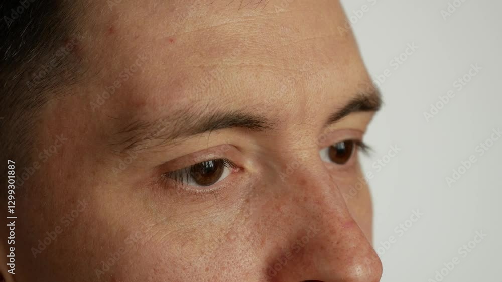 A close-up of a man's face. He opens his amazing brown eyes, his gaze is mesmerizing and full of emotion. A close-up of a man's face. He opens his amazing brown eyes, his gaze is mesmerizing and full of emotion.