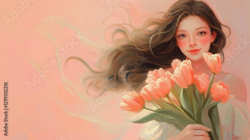 Young Woman Holding Peach Tulips with Flowing Hair