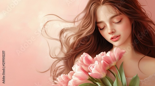 Dreamy Woman Holding Pink Tulips in Soft Light