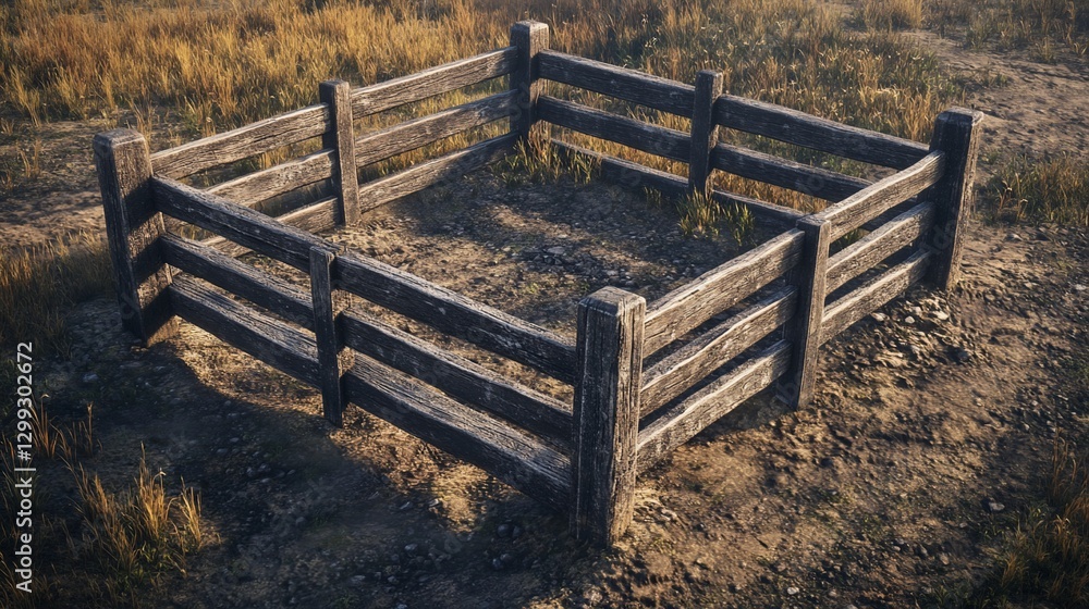 Rustic wooden pen in a field at sunrise Rustic wooden pen in a field at sunrise