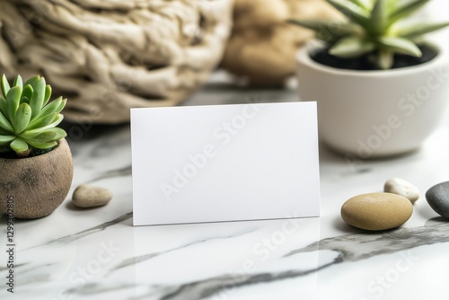 Blank business card displayed on a marble surface surrounded by natural props like small plants and pebbles for minimalist design showcase