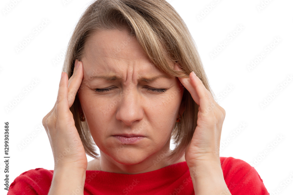 A young woman with a pained expression holding her head, indicating a headache against a white background. A young woman with a pained expression holding her head, indicating a headache against a white background.