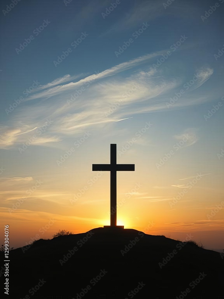 a hilltop cross at sunset, silhouetted against a glowing sky of orange, yellow, and blue. Wispy clouds add depth, enhancing the tranquil and inspiring atmosphere of faith and reflection. a hilltop cross at sunset, silhouetted against a glowing sky of orange, yellow, and blue. Wispy clouds add depth, enhancing the tranquil and inspiring atmosphere of faith and reflection.