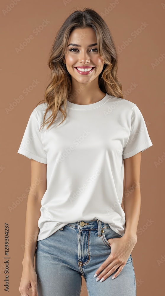 Obraz premium Woman in white shirt on the mocha mousse background