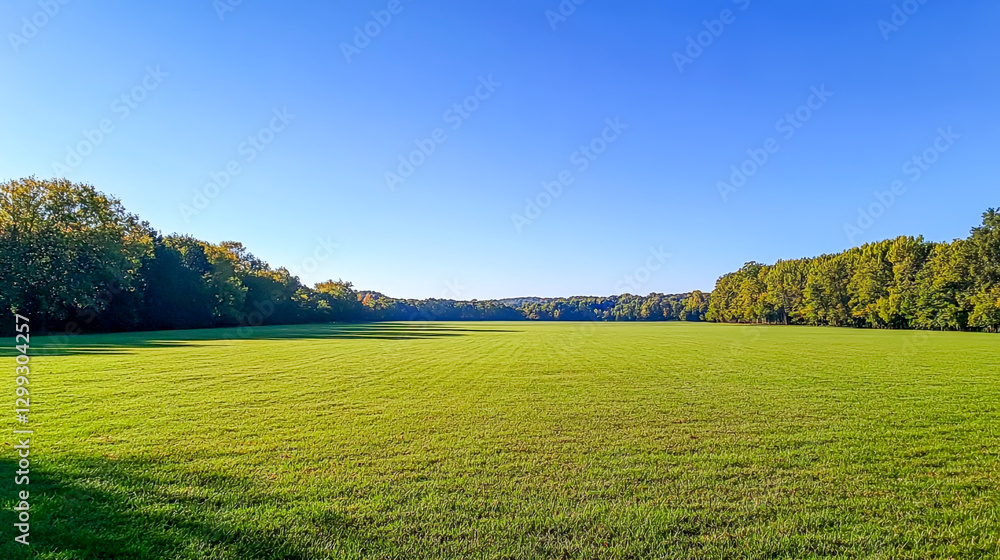 Fototapeta premium A vast, empty open field under a bright, clear blue sky, stretching endlessly with no obstructions