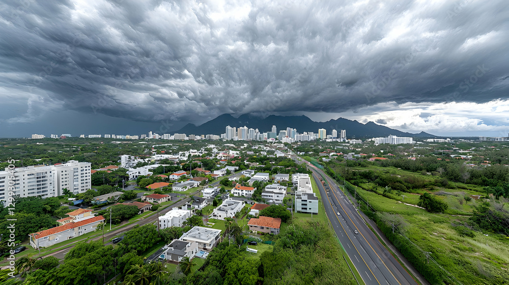 Obraz premium Dramatic Overcast Sky Above Coastal City with Dark Storm Clouds Rolling in During the Day