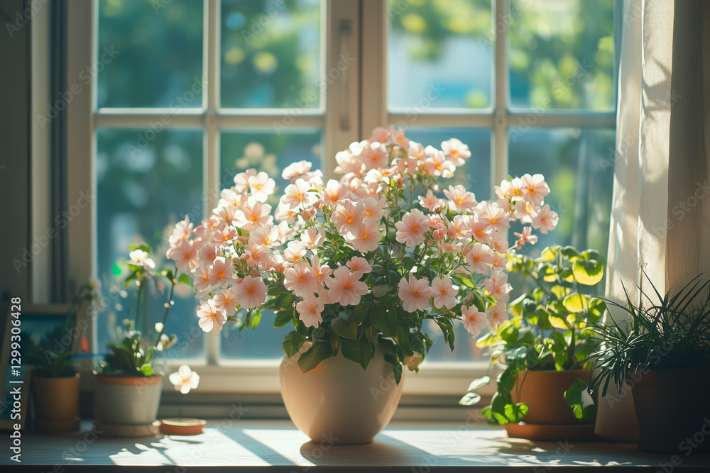Light-filled interior showcasing spring flowers by a sunny window Light-filled interior showcasing spring flowers by a sunny window
