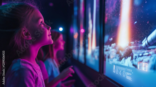 Children engaged in space exploration exhibit science museum interactive learning nighttime close-up view educational adventure