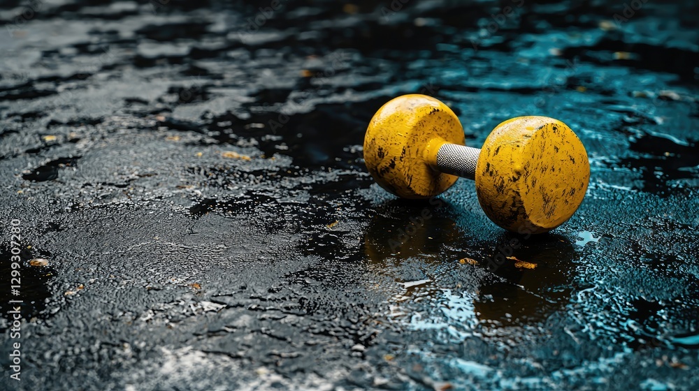 Obraz premium Abandoned yellow dumbbell on wet ground, dark background, fitness concept