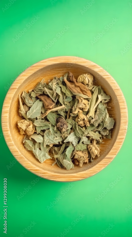 Herbal Infusion in a Wooden Bowl: A rustic wooden bowl overflowing with an assortment of dried herbs and spices, exuding a sense of natural health and wellness.