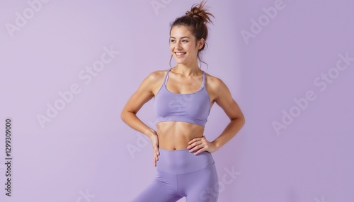 Wallpaper Mural Fit young woman in lavender workout clothes standing confidently on a solid purple background.

 Torontodigital.ca