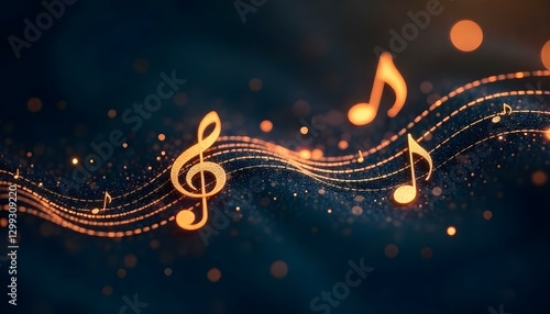 
Ilustración de notas musicales y líneas de pentagrama brillando sobre un fondo oscuro, con efecto bokeh. La paleta de colores es monocromática, con tonos de negro y dorado