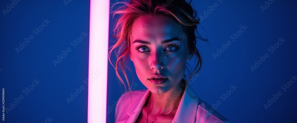 Fototapeta premium A woman with captivating gaze poses dramatically under neon lighting, creating a dynamic and vibrant atmosphere. Colors include vivid blue, pink, and red shades.