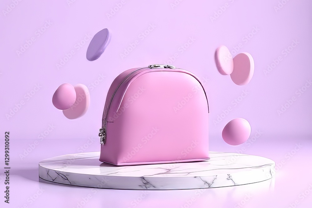 Pink Makeup Bag with Floating Cosmetic Accessories on Marble Display Pink Makeup Bag with Floating Cosmetic Accessories on Marble Display