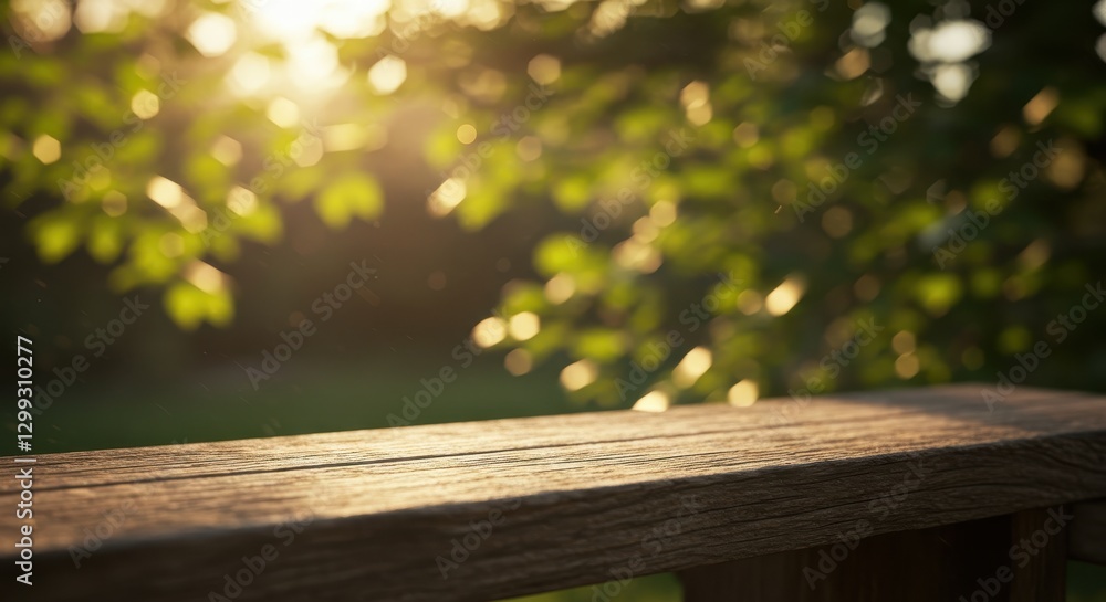 A serene outdoor scene featuring green leaves illuminated by sunlight and wooden surface in the foreground A serene outdoor scene featuring green leaves illuminated by sunlight and wooden surface in the foreground