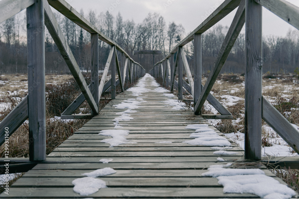 Fototapeta premium Long Wooden Pathway Across a Frozen Landscape