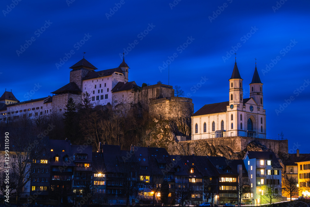 Naklejka premium Night in Aarburg by the Aare River