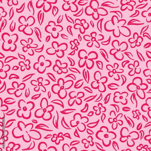 Cute handdrawn flower heads with leaves seamless repeat pattern. Random placed, vector botany aop all over surface print on pink background.