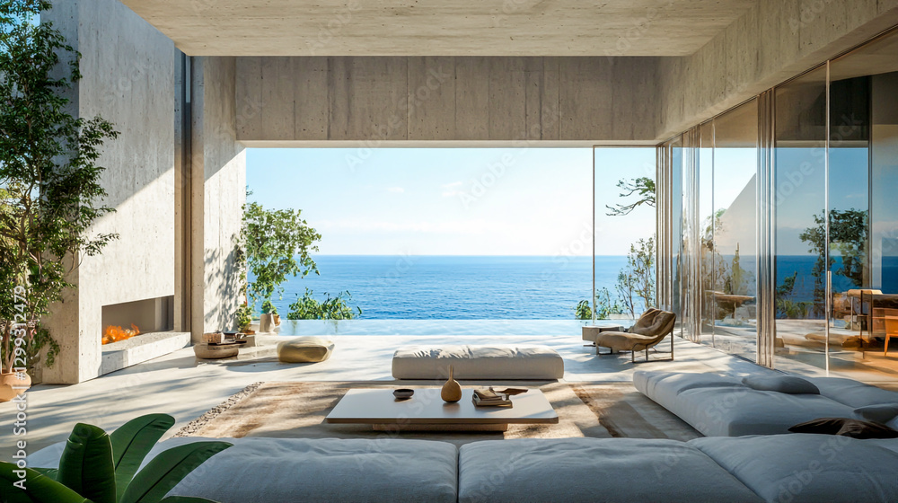 Fototapeta premium an Interior Architectural Room with Stunning Sea View, Modern Design and Spacious Layout