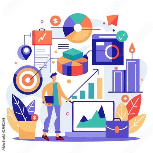 Colorful abstract visuals depict brand building, showcasing charts, graphs, and strategic elements. Figures interact with various digital metrics and growth indicators, emphasizing progress